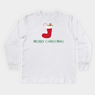 Merry Christmas logo with Red sock, gingerbread cookie, Red and white striped candy and Yellow star on white background Kids Long Sleeve T-Shirt